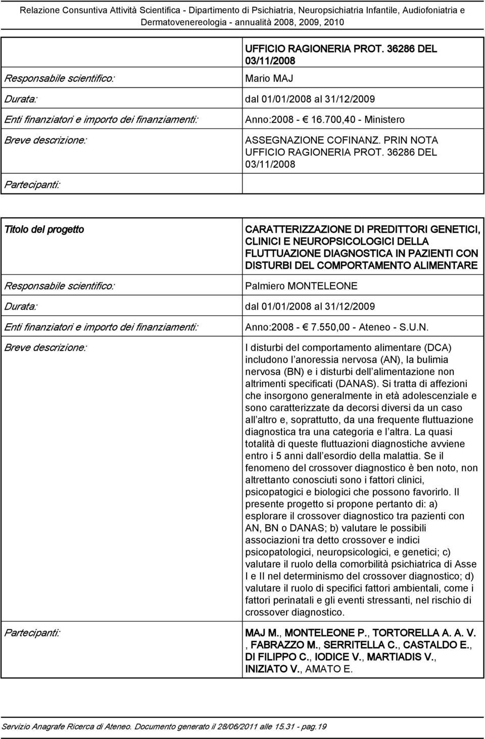 36286 DEL 03/11/2008 Partecipanti: Titolo del progetto Responsabile scientifico: CARATTERIZZAZIONE DI PREDITTORI GENETICI, CLINICI E NEUROPSICOLOGICI DELLA FLUTTUAZIONE DIAGNOSTICA IN PAZIENTI CON