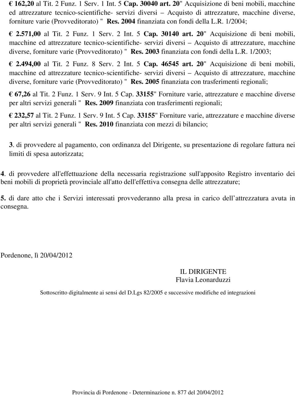 2004 finanziata con fondi della L.R. 1/2004; 2.571,00 al Tit. 2 Funz. 1 Serv. 2 Int. 5 Cap. 30140 art. 20" Acquisizione di beni mobili, diverse, forniture varie (Provveditorato) " Res.