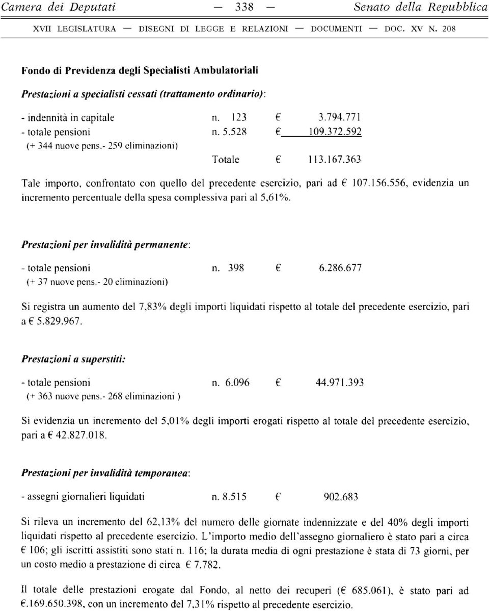 556, evidenzia un incremento percentuale della spesa complessiva pari al 5,61%. Prestazioni per invalidità permanente: - totale pensioni n. 398 6.286.677 (+ 37 nuove pens.