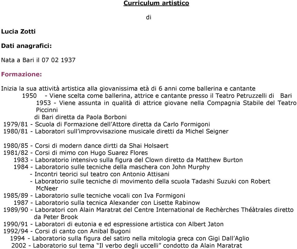 Borboni 1979/81 - Scuola di Formazione dell Attore diretta da Carlo Formigoni 1980/81 - Laboratori sull improvvisazione musicale diretti da Michel Seigner 1980/85 - Corsi di modern dance dirtti da