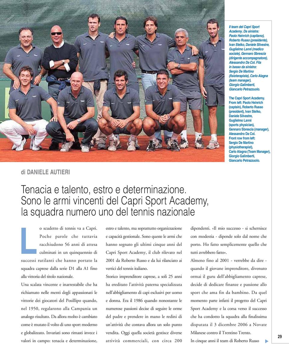 Fila in basso da sinistra: Sergio De Martino (fisioterapista), Carlo Alagna (team manager), Giorgio Galimberti, Giancarlo Petrazzuolo. The Capri Sport Academy.