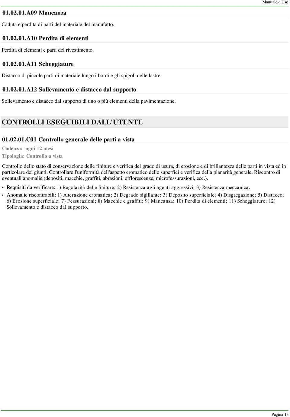 delle parti a vista Cadenza: ogni 12 mesi Tipologia: Controllo a vista Controllo dello stato di conservazione delle finiture e verifica del grado di usura, di erosione e di brillantezza delle parti