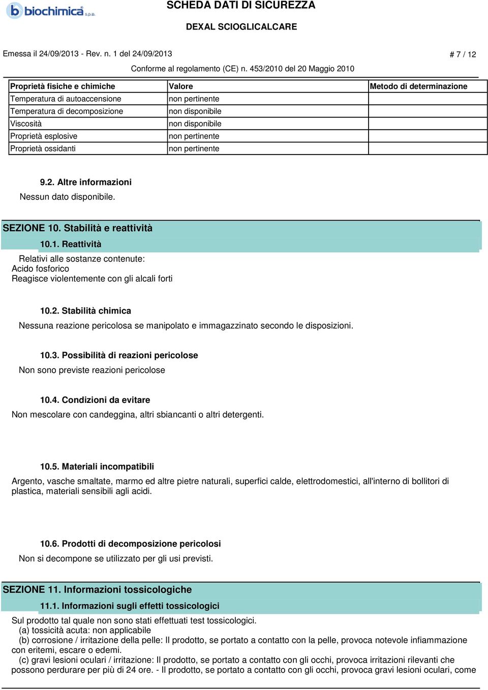 disponibile Proprietà esplosive non pertinente Proprietà ossidanti non pertinente 9.2. Altre informazioni SEZIONE 10. Stabilità e reattività 10.1. Reattività Reagisce violentemente con gli alcali forti 10.