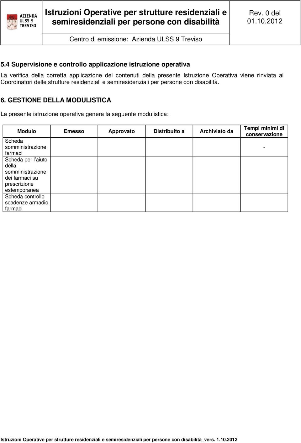 GESTIONE DELLA MODULISTICA La presente istruzione operativa genera la seguente modulistica: Modulo Emesso Approvato Distribuito a Archiviato da Scheda