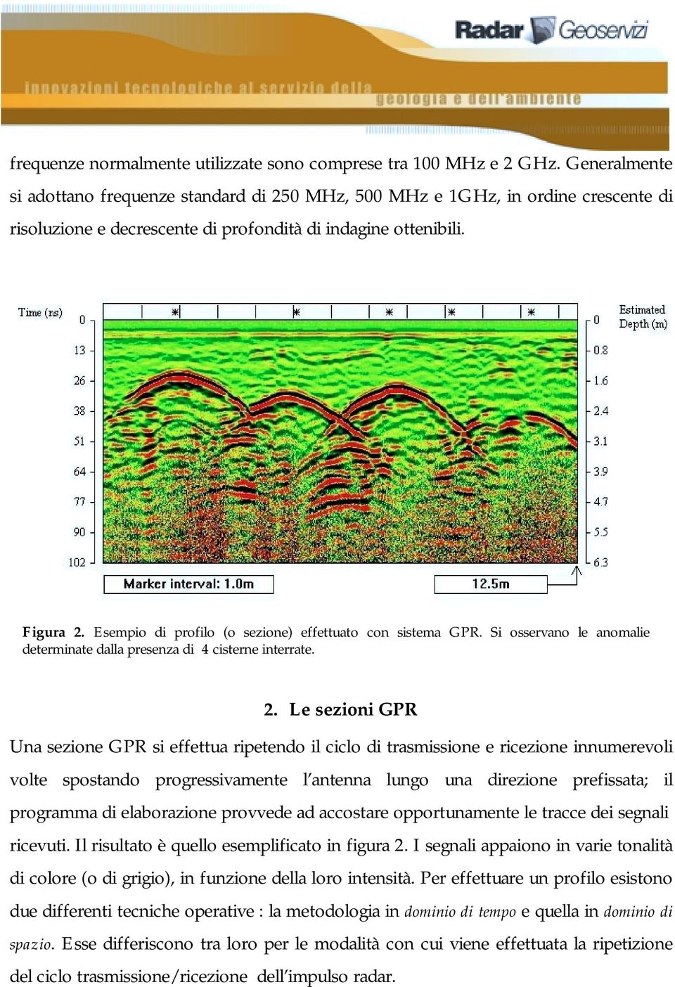 Esempio di profilo (o sezione) effettuato con sistema GPR. Si osservano le anomalie determinate dalla presenza di 4 cisterne interrate. 2.