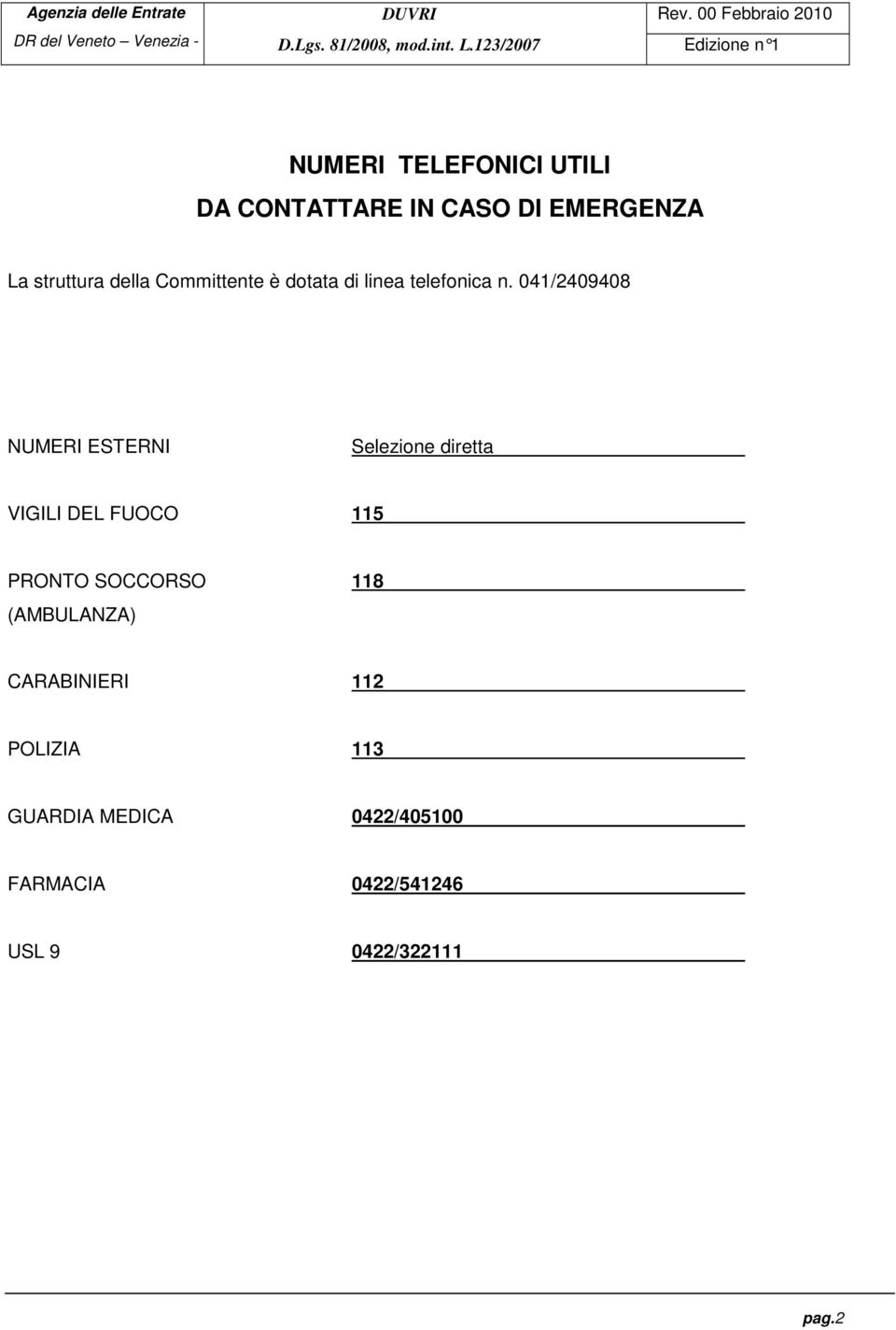 041/2409408 NUMERI ESTERNI Selezione diretta VIGILI DEL FUOCO 115 PRONTO