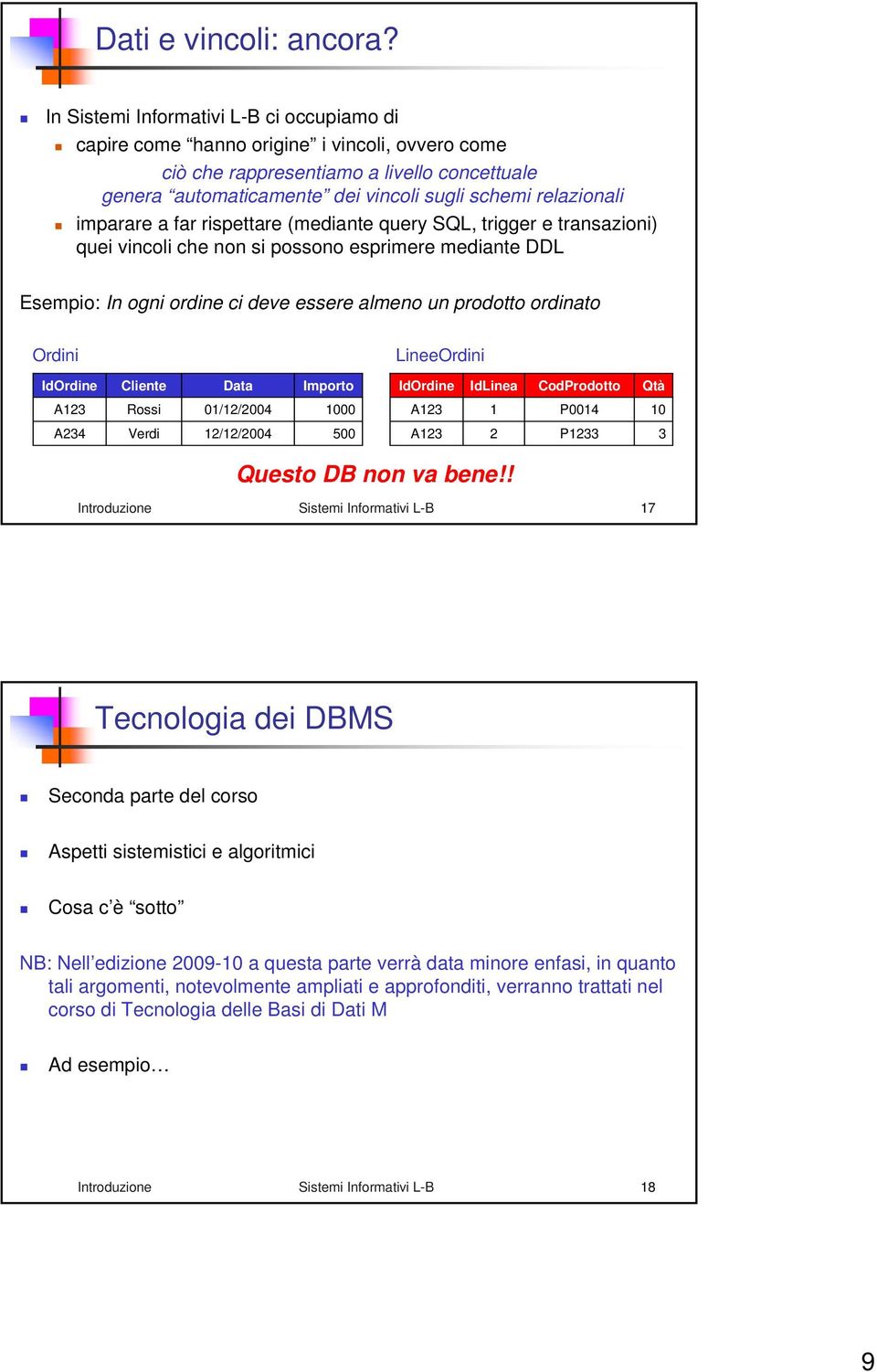 imparare a far rispettare (mediante query SQL, trigger e transazioni) quei vincoli che non si possono esprimere mediante DDL Esempio: In ogni ordine ci deve essere almeno un prodotto ordinato Ordini