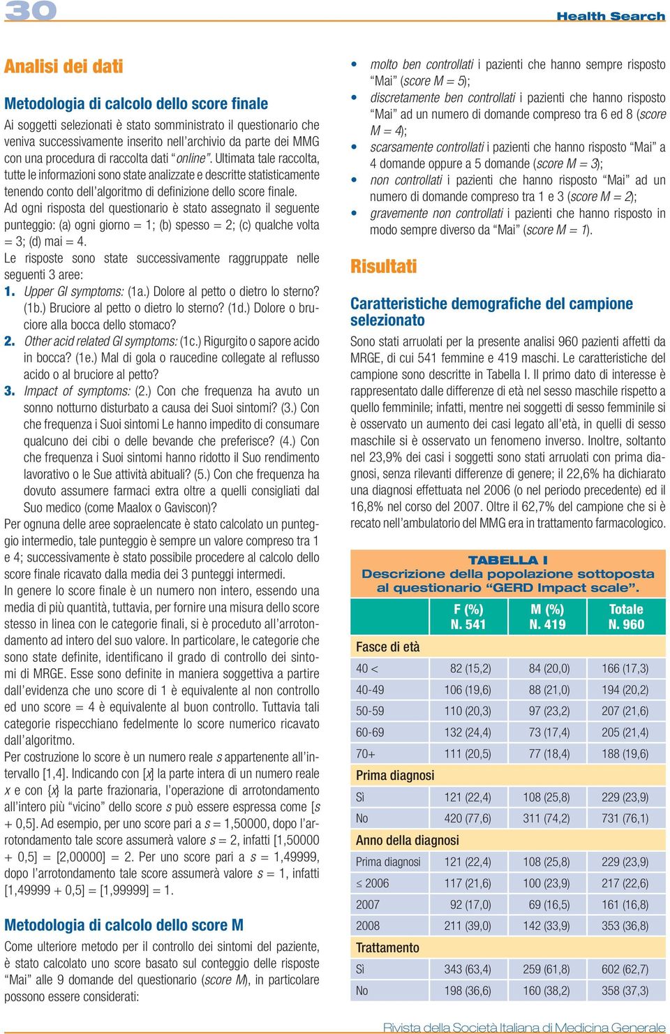 Ultimata tale raccolta, tutte le informazioni sono state analizzate e descritte statisticamente tenendo conto dell algoritmo di definizione dello score finale.