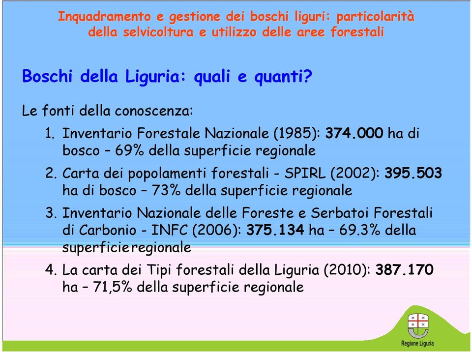 Carta dei popolamenti forestali - SPIRL (2002): 395.503 ha di bosco 73% della superficie regionale 3.