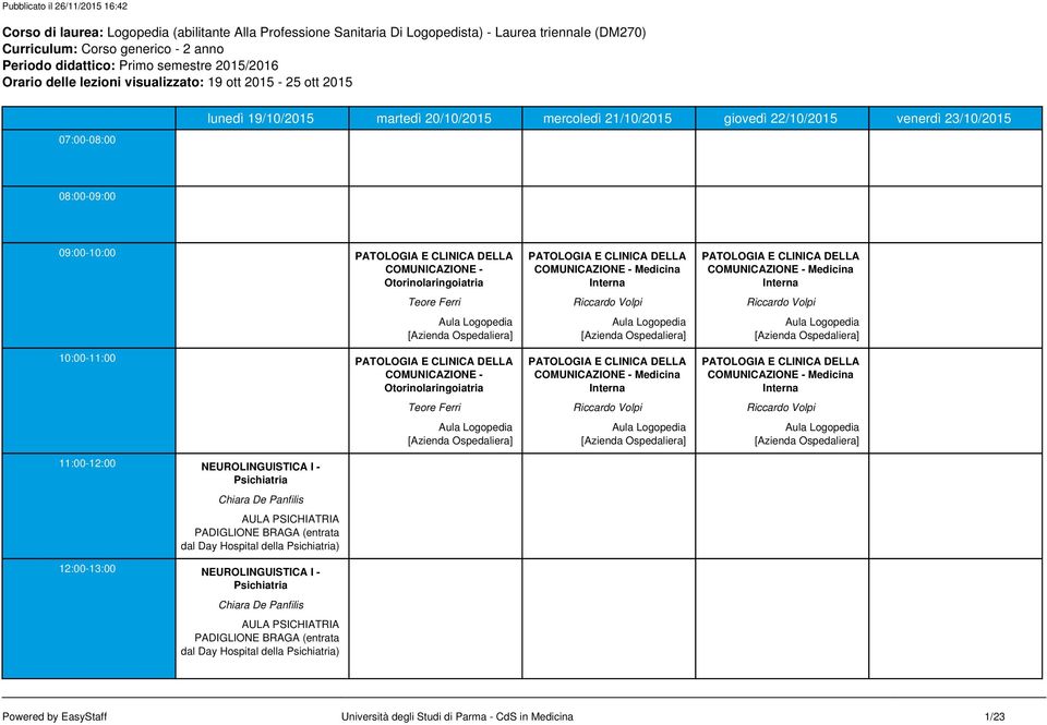 07:00-08:00 lunedì 19/10/2015 martedì 20/10/2015 mercoledì 21/10/2015 giovedì 22/10/2015 venerdì 23/10/2015 08:00-09:00 09:00-10:00