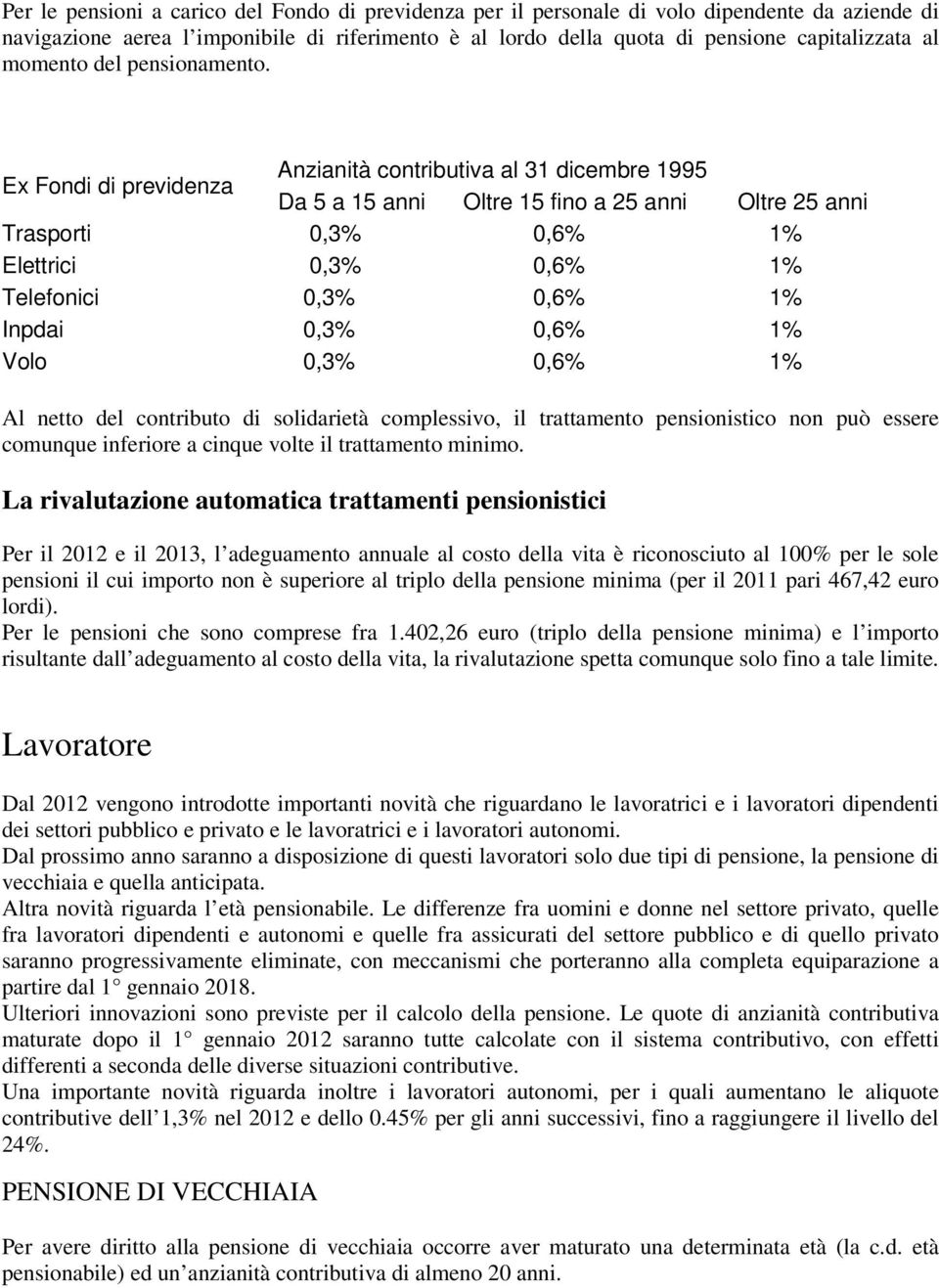 Ex Fondi di previdenza Anzianità contributiva al 31 dicembre 1995 Da 5 a 15 anni Oltre 15 fino a 25 anni Oltre 25 anni Trasporti 0,3% 0,6% 1% Elettrici 0,3% 0,6% 1% Telefonici 0,3% 0,6% 1% Inpdai