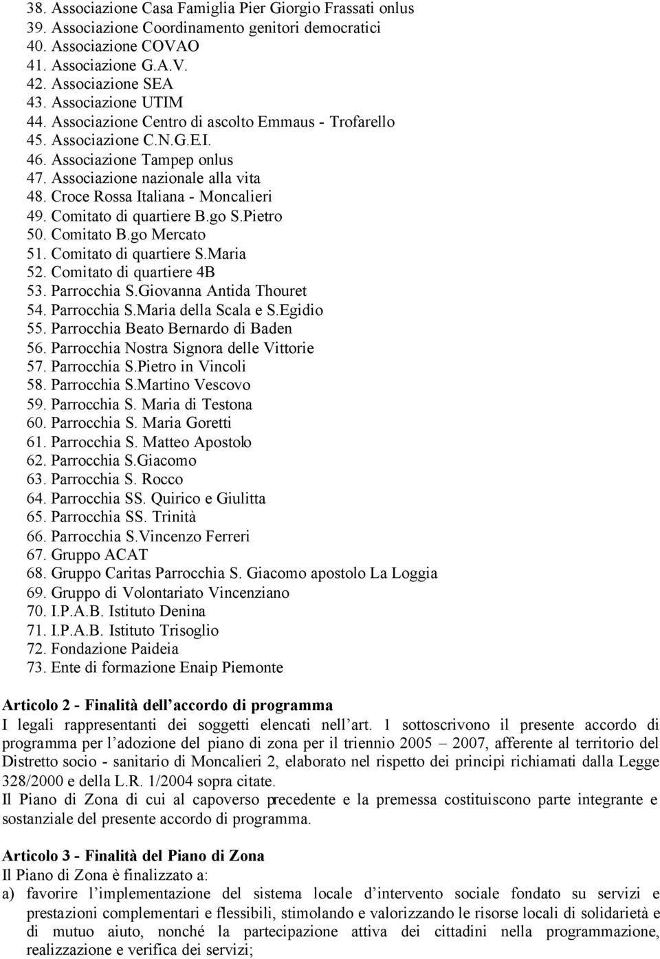 Croce Rossa Italiana - Moncalieri 49. Comitato di quartiere B.go S.Pietro 50. Comitato B.go Mercato 51. Comitato di quartiere S.Maria 52. Comitato di quartiere 4B 53. Parrocchia S.