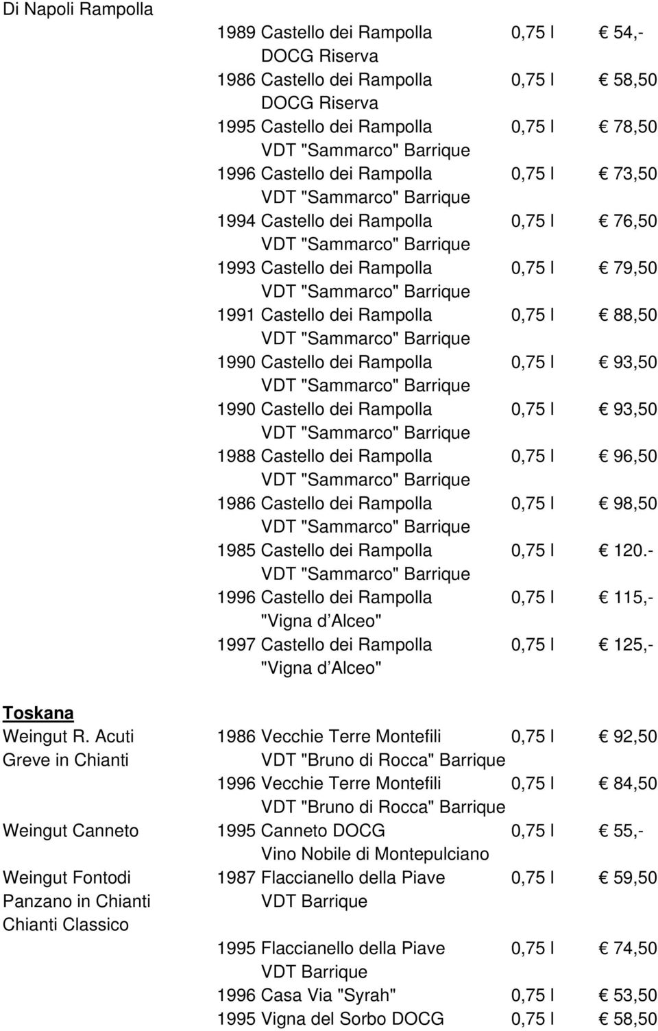 Rampolla 0,75 l 96,50 1986 Castello dei Rampolla 0,75 l 98,50 1985 Castello dei Rampolla 0,75 l 120.