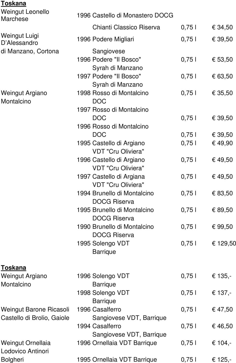 39,50 1996 Rosso di Montalcino DOC 0,75 l 39,50 1995 Castello di Argiano 0,75 l 49,90 VDT "Cru Oliviera" 1996 Castello di Argiano 0,75 l 49,50 VDT "Cru Oliviera" 1997 Castello di Argiana 0,75 l 49,50