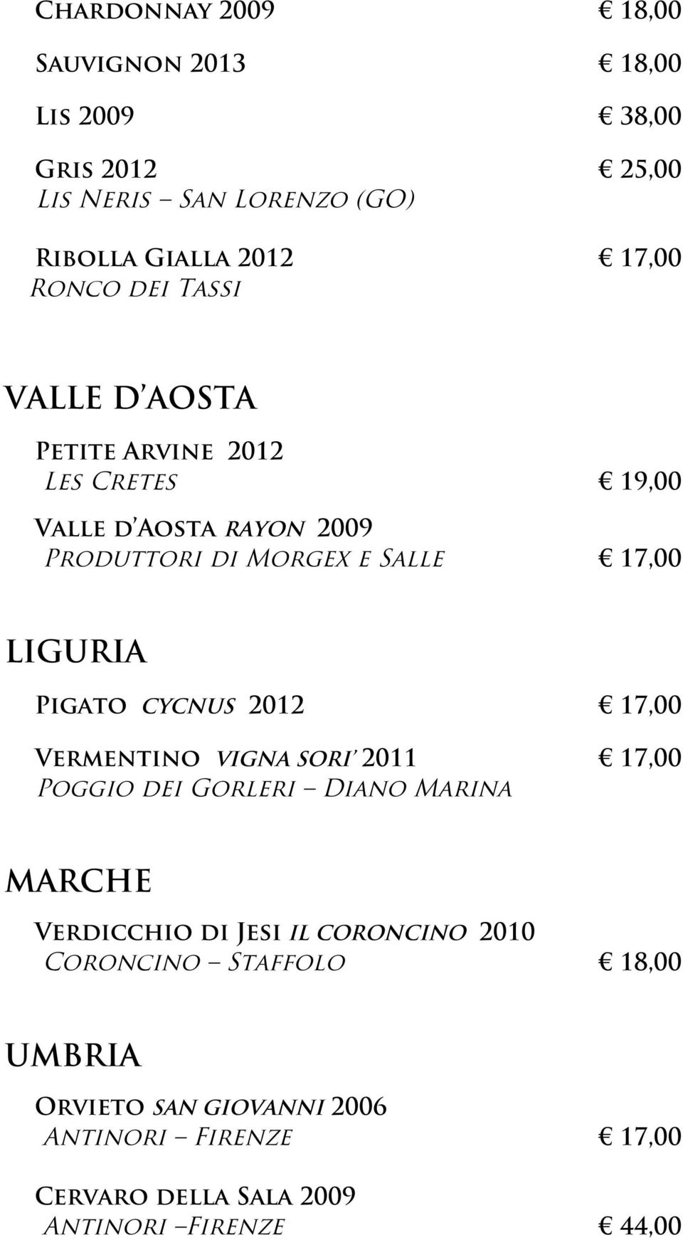 LIGURIA Pigato CYCNUS 2012 17,00 Vermentino VIGNA SORI 2011 17,00 Poggio dei Gorleri Diano Marina MARCHE Verdicchio di Jesi IL