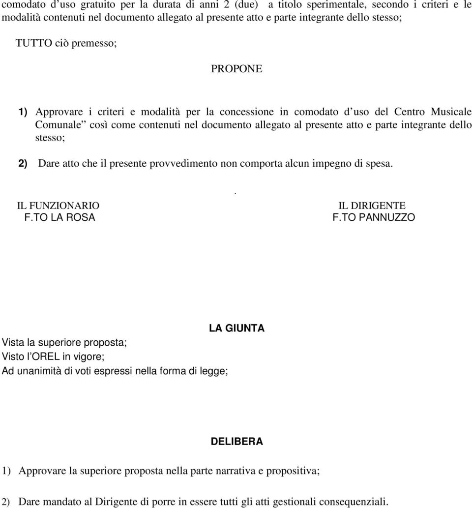 integrante dello stesso; 2) Dare atto che il presente provvedimento non comporta alcun impegno di spesa. IL FUNZIONARIO F.TO LA ROSA. IL DIRIGENTE F.