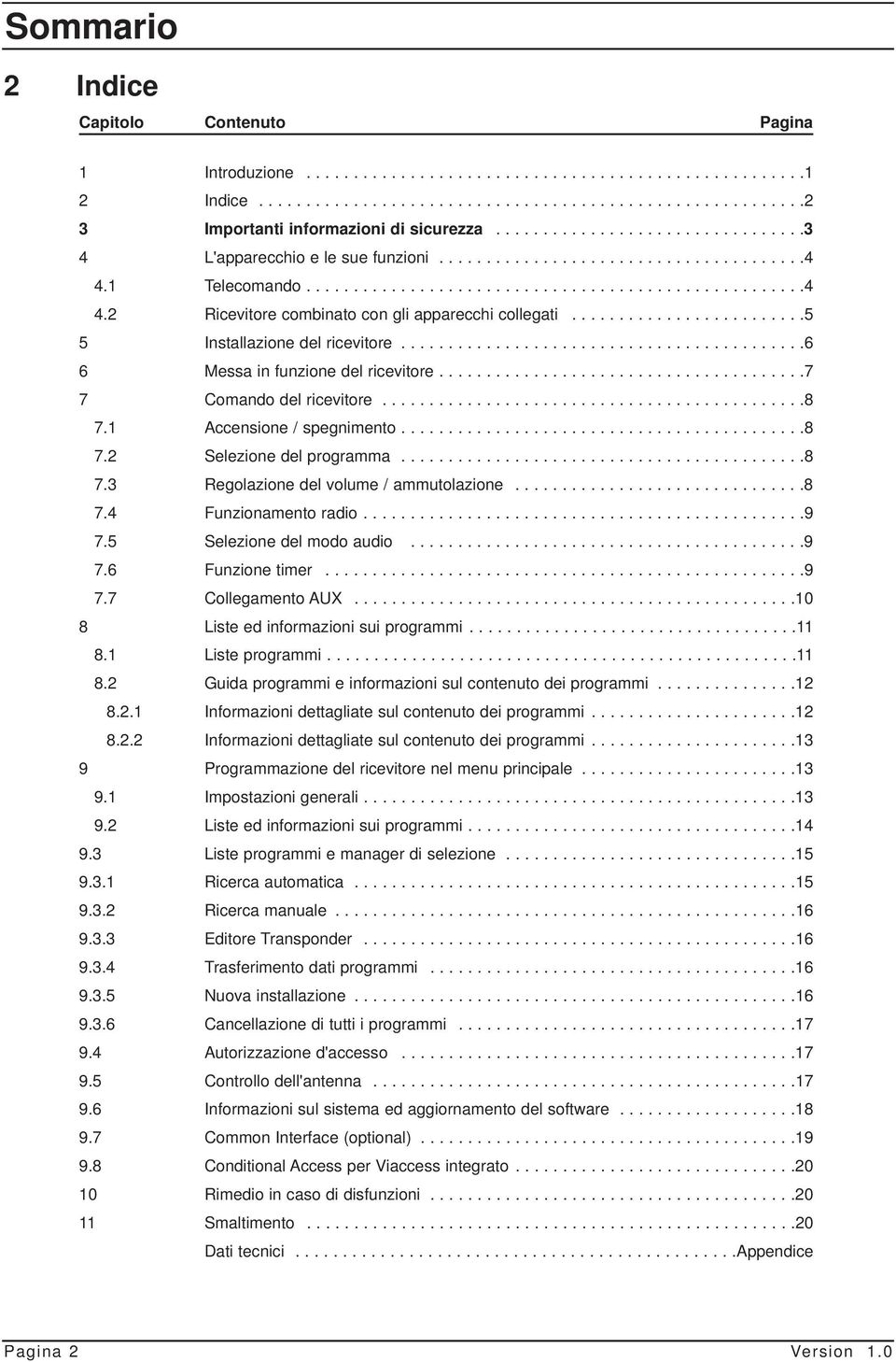........................5 5 Installazione del ricevitore...........................................6 6 Messa in funzione del ricevitore.......................................7 7 Comando del ricevitore.