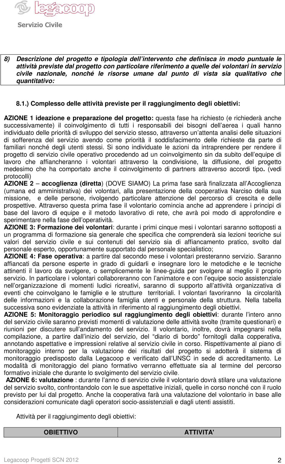 .) Complesso delle attività previste per il raggiungimento degli obiettivi: AZIONE ideazione e preparazione del progetto: questa fase ha richiesto (e richiederà anche successivamente) il