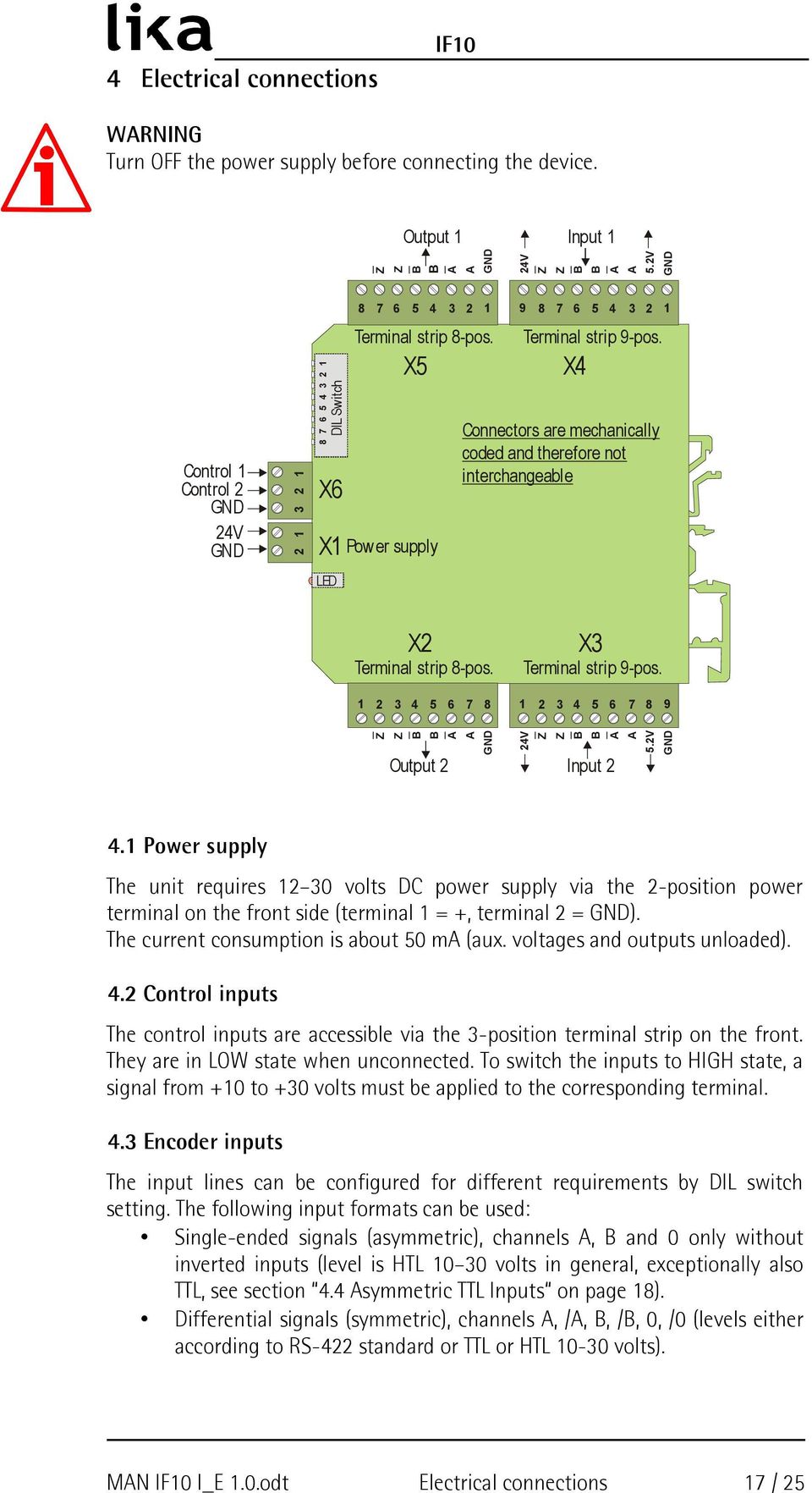 X4 Connectors are mechanically coded and therefore not interchangeable X2 Terminal strip 8-pos. 2 3 4 5 6 7 8 X3 Terminal strip 9-pos. 2 3 4 5 6 7 8 9 GND Output 2 24V 5.2V GND Input 2 4.