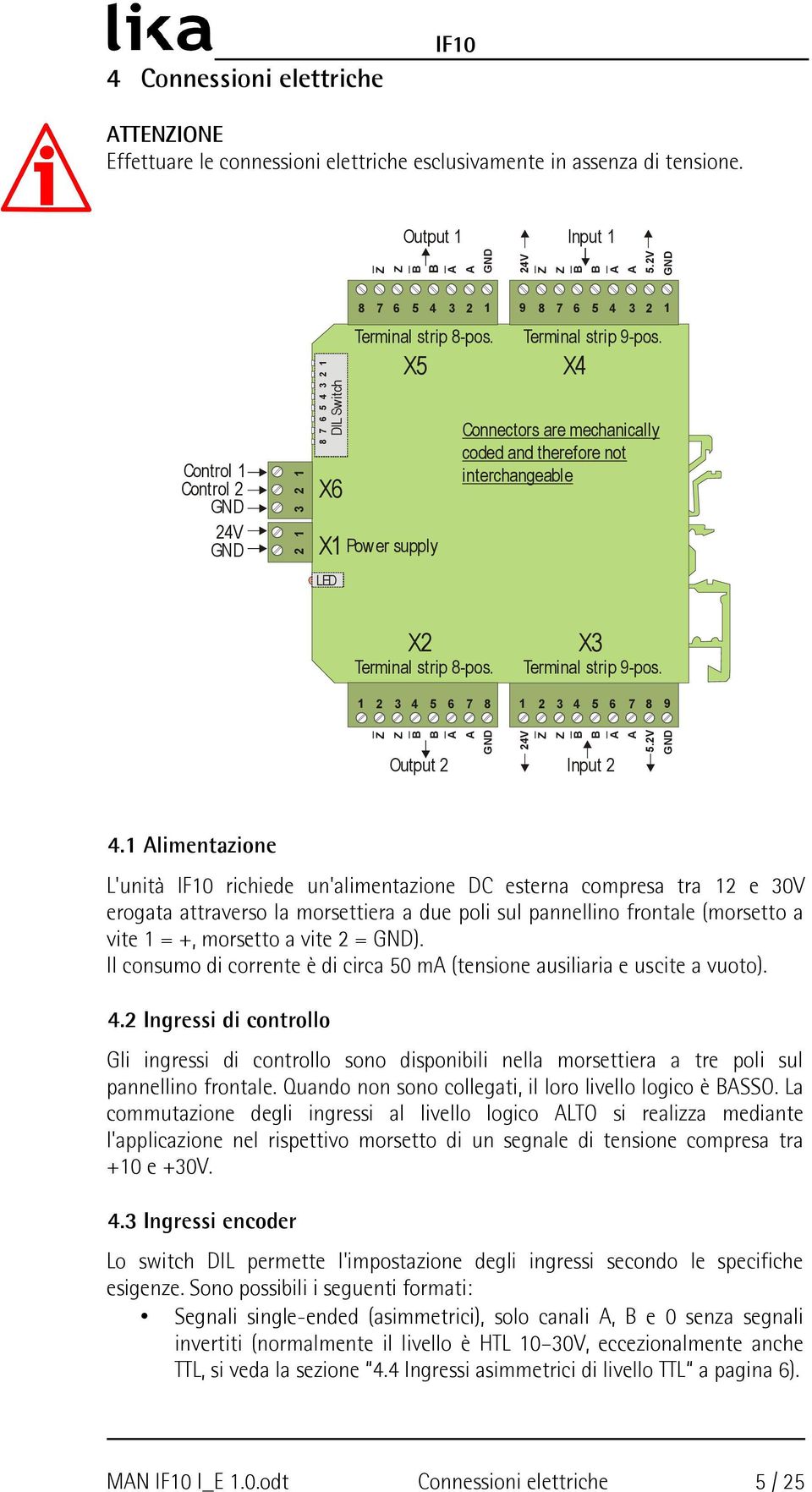 X4 Connectors are mechanically coded and therefore not interchangeable X2 Terminal strip 8-pos. 2 3 4 5 6 7 8 X3 Terminal strip 9-pos. 2 3 4 5 6 7 8 9 GND Output 2 24V 5.2V GND Input 2 4.