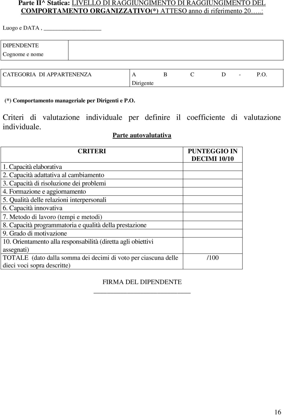 Parte autovalutativa CRITERI 1. Capacità elaborativa 2. Capacità adattativa al cambiamento 3. Capacità di risoluzione dei problemi 4. Formazione e aggiornamento 5.