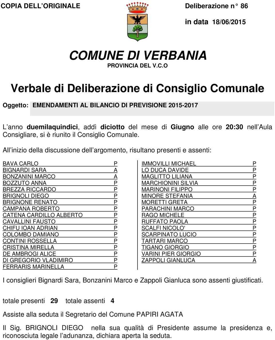 All inizio della discussione dell argomento, risultano presenti e assenti: BAVA CARLO BIGNARDI SARA BONZANINI MARCO BOZZUTO ANNA BREZZA RICCARDO BRIGNOLI DIEGO BRIGNONE RENATO CAMANA ROBERTO CATENA