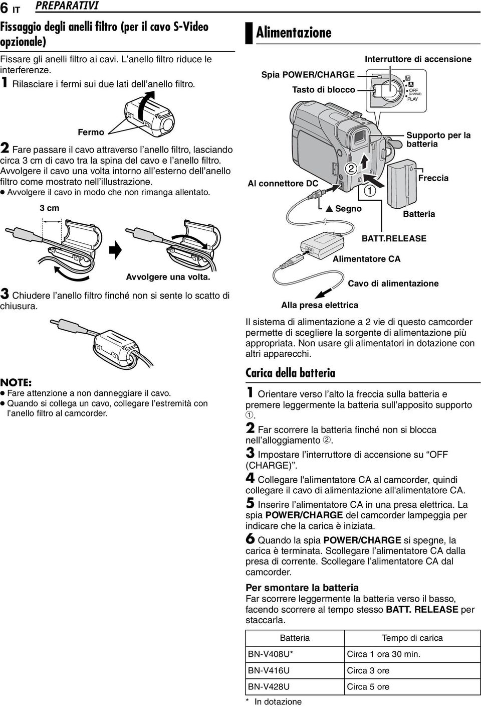 Alimentazione Spia POWER/CHARGE Tasto di blocco Interruttore di accensione Fermo 2 Fare passare il cavo attraverso l anello filtro, lasciando circa 3 cm di cavo tra la spina del cavo e l anello