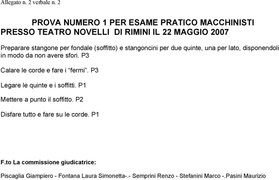 P3 Calare le corde e fare i fermi. P3 Legare le quinte e i soffitti. P1 Mettere a punto il soffitto.