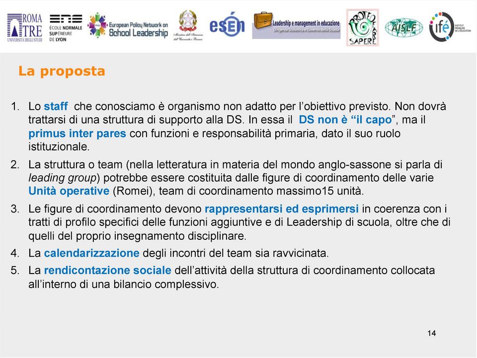 La struttura o team (nella letteratura in materia del mondo anglo-sassone si parla di leading group) potrebbe essere costituita dalle figure di coordinamento delle varie Unità operative (Romei), team