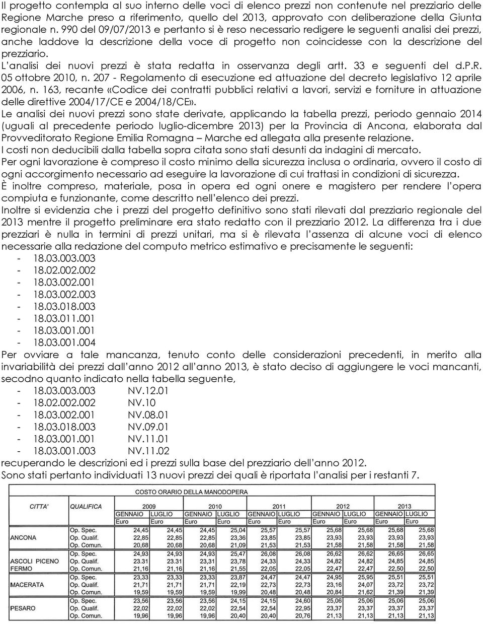 990 del 09/07/2013 e pertanto si è reso necessario redigere le seguenti analisi dei prezzi, anche laddove la descrizione della voce di progetto non coincidesse con la descrizione del prezziario.