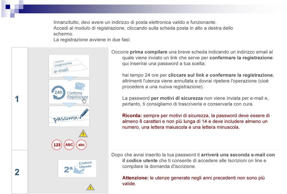 password a tua scelta; 1 hai tempo 24 ore per cliccare sul link e confermare la registrazione, altrimenti l'utenza viene annullata e dovrai ripetere l'operazione (cioè procedere a una nuova