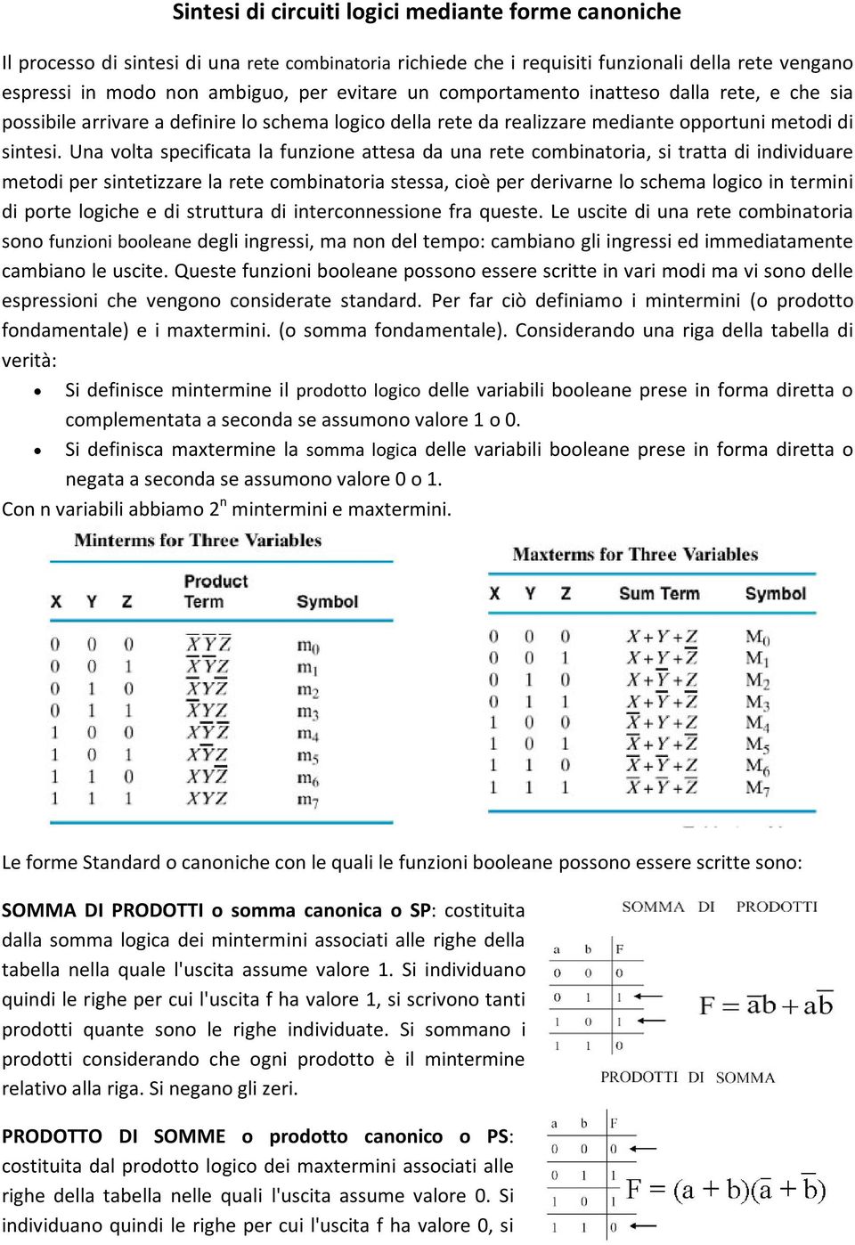 Una volta specificata la funzione attesa da una rete combinatoria, si tratta di individuare metodi per sintetizzare la rete combinatoria stessa, cioè per derivarne lo schema logico in termini di