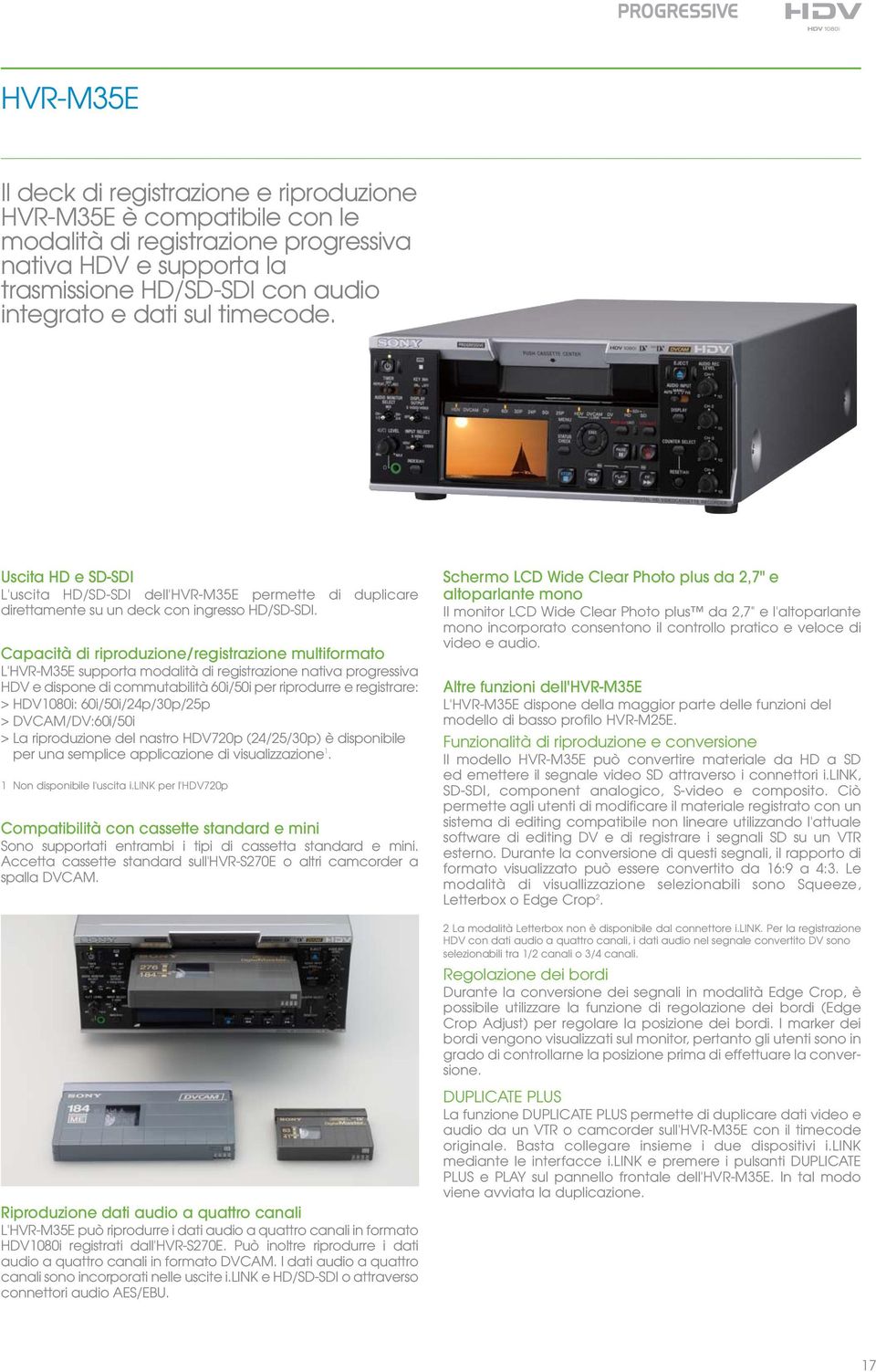 Capacità di riproduzione/registrazione multiformato L'HVR-M35E supporta modalità di registrazione nativa progressiva HDV e dispone di commutabilità 60i/50i per riprodurre e registrare: > HDV1080i: