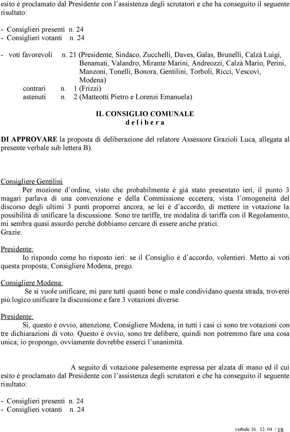 Vescovi, Modena) contrari n. 1 (Frizzi) astenuti n.