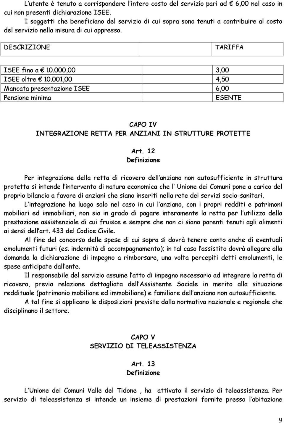 001,00 4,50 Mancata presentazione ISEE 6,00 Pensione minima ESENTE CAPO IV INTEGRAZIONE RETTA PER ANZIANI IN STRUTTURE PROTETTE Art.