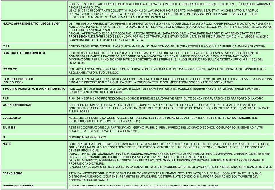 PIÙ UTILIZZARE IL VECCHIO. PER IL PROFESSIONALIZZANTE L'ETÀ MASSIMA È 30 ANNI MENO UN GIORNO. NUOVO APPRENDISTATO LEGGE BIAGI C.F.L. CON