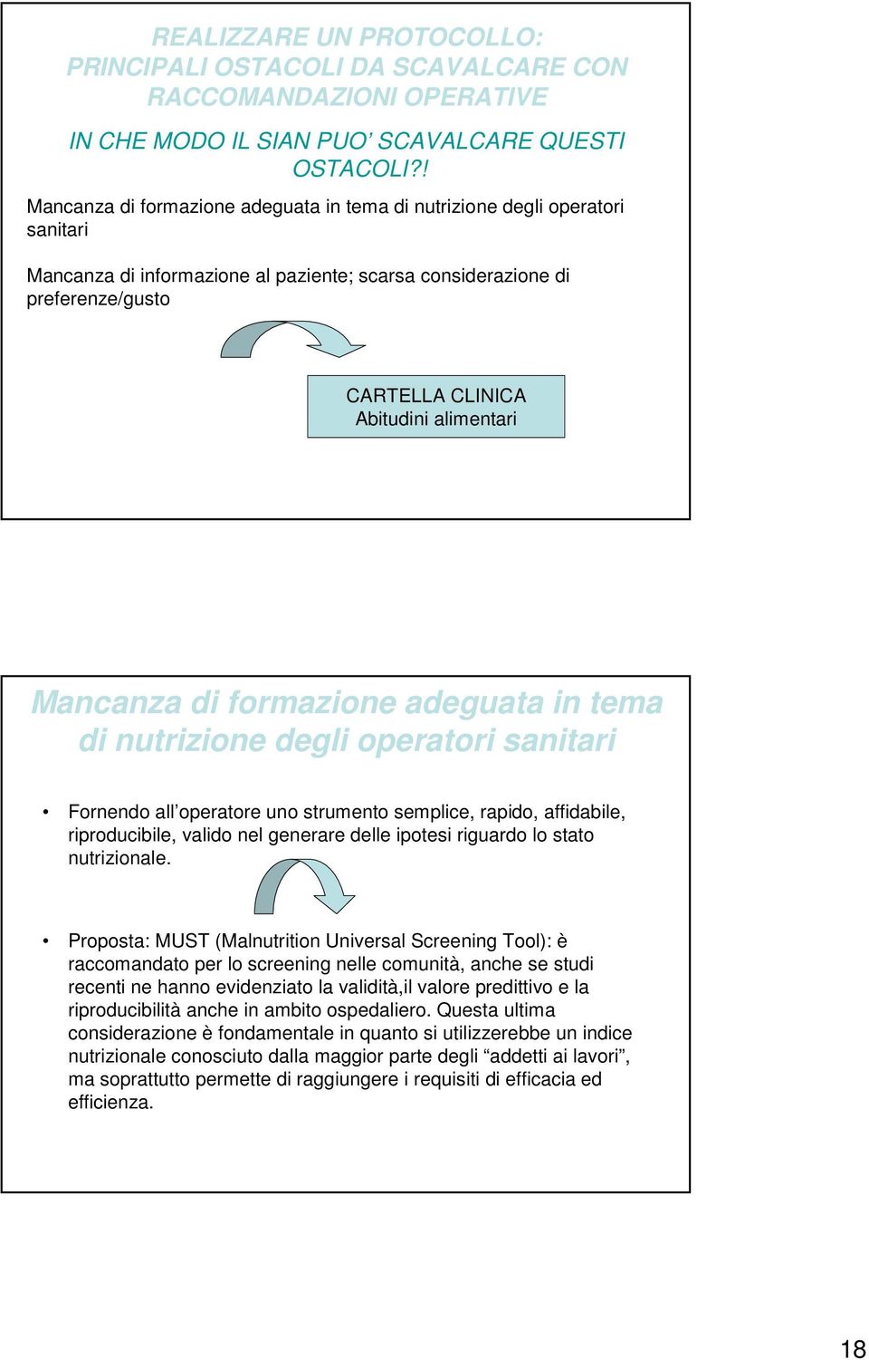 Mancanza di formazione adeguata in tema di nutrizione degli operatori sanitari Fornendo all operatore uno strumento semplice, rapido, affidabile, riproducibile, valido nel generare delle ipotesi