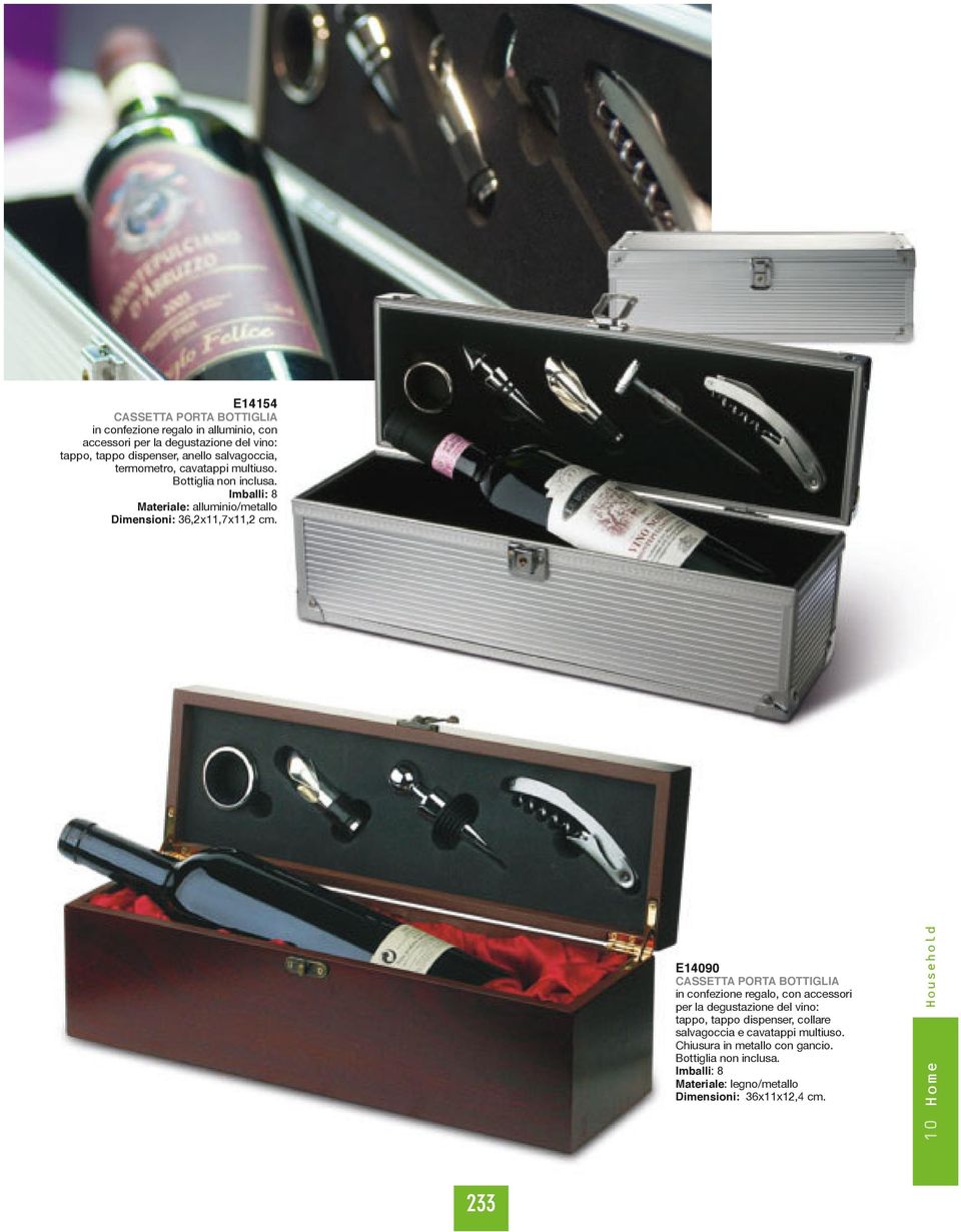 E14090 CASSETTA PORTA BOTTIGLIA in confezione regalo, con accessori per la degustazione del vino: tappo, tappo dispenser, collare salvagoccia e