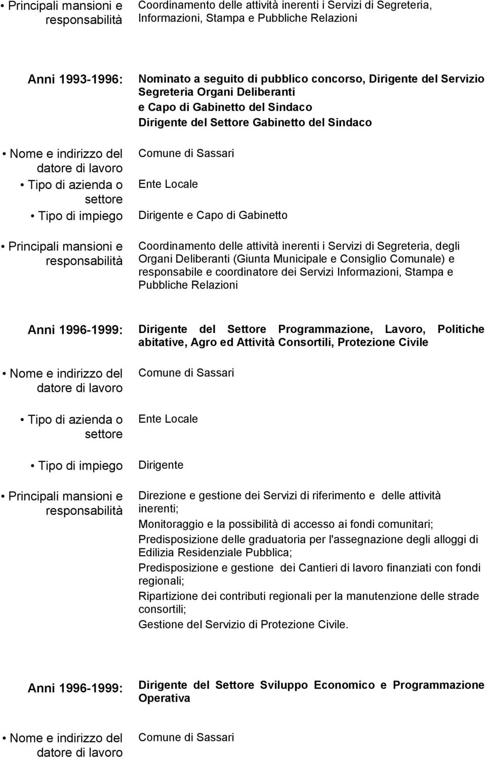 Municipale e Consiglio Comunale) e responsabile e coordinatore dei Servizi Informazioni, Stampa e Pubbliche Relazioni Anni 1996-1999: del Settore Programmazione, Lavoro, Politiche abitative, Agro ed