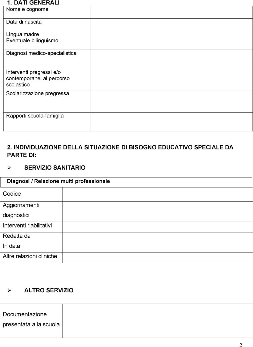 INDIVIDUAZIONE DELLA SITUAZIONE DI BISOGNO EDUCATIVO SPECIALE DA PARTE DI: SERVIZIO SANITARIO Diagnosi / Relazione multi