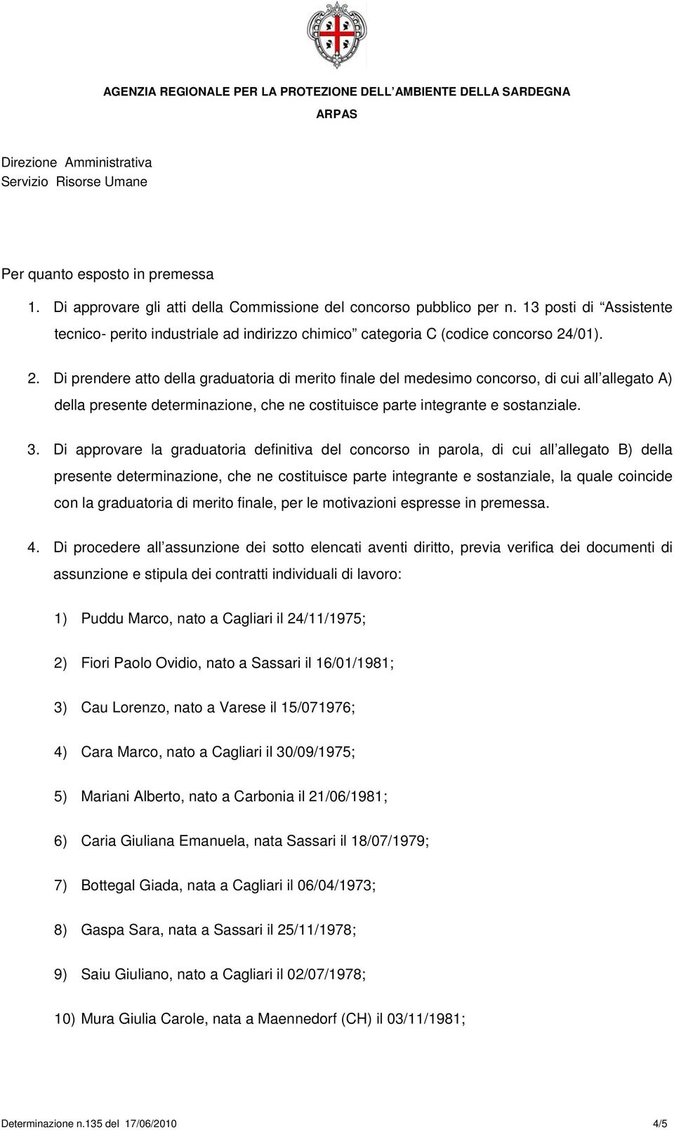 /01). 2. Di prendere atto della graduatoria di merito finale del medesimo concorso, di cui all allegato A) della presente determinazione, che ne costituisce parte integrante e sostanziale. 3.