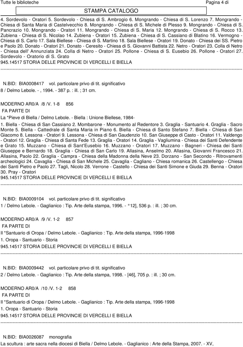 Zubiena - Chiesa di S. Cassiano di Blatino 16. Vermogno - Chiesa di S. Carlo 17. Sala Biellese - Chiesa di S. Martino 18. Sala Biellese - Oratori 19. Donato - Chiesa dei SS. Pietro e Paolo 20.