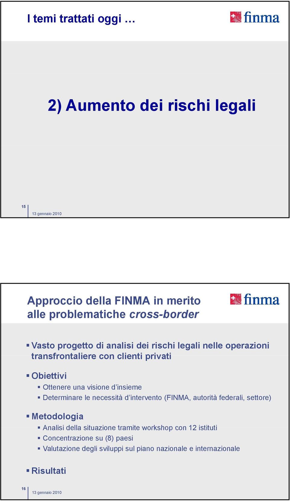 Ottenere una visione d insieme! Determinare le necessità d intervento (FINMA, autorità federali, settore)! Metodologia!