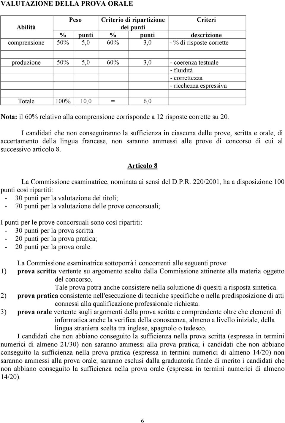 I candidati che non conseguiranno la sufficienza in ciascuna delle prove, scritta e orale, di accertamento della lingua francese, non saranno ammessi alle prove di concorso di cui al successivo