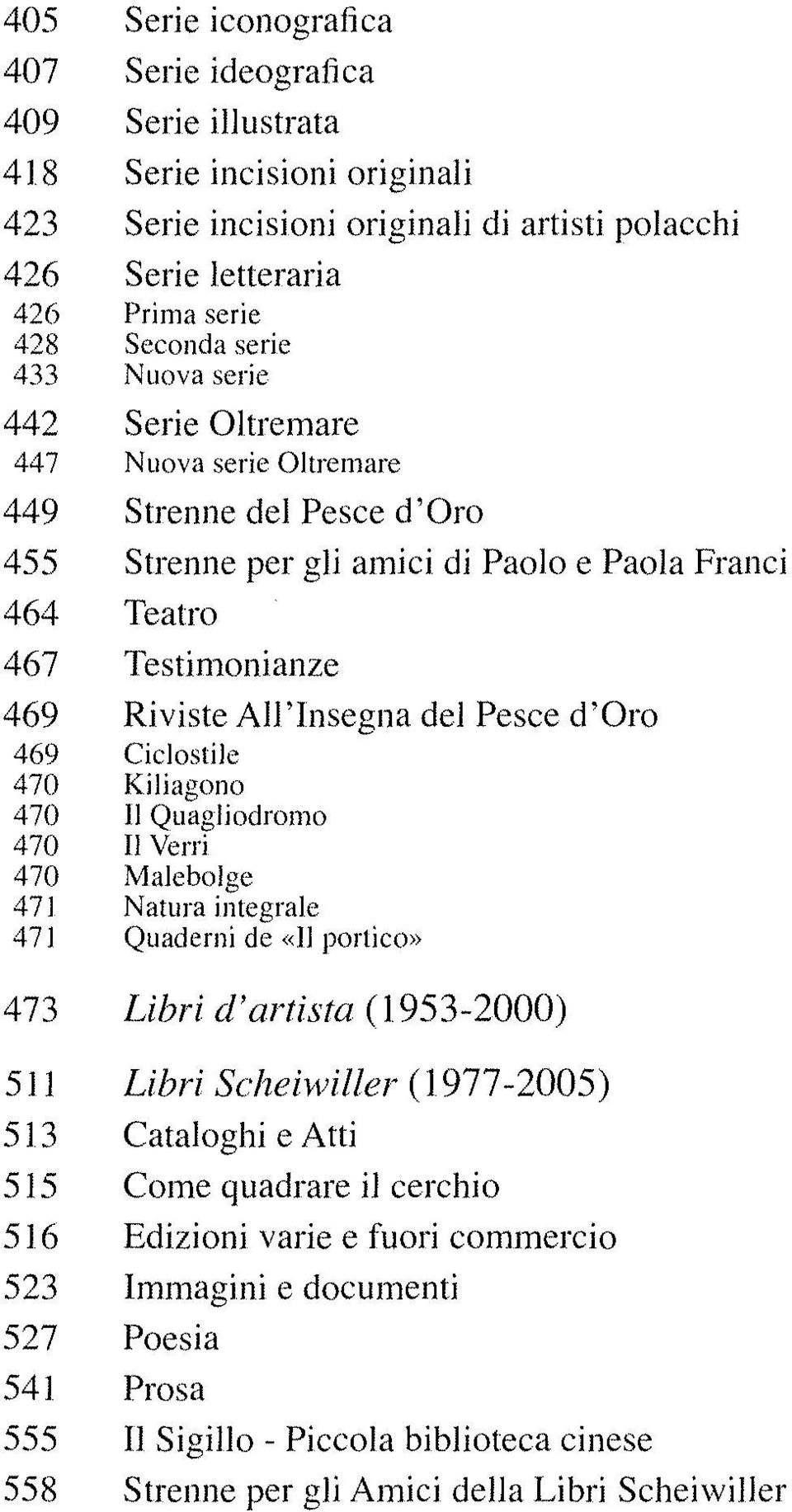 del Pesce d 'Oro 469 Ciclostile 470 Kiliagono 470 Il Quagliodromo 470 Il V erri 470 Malebolge 471 Natura integrale 471 Quaderni de <<Il portico>> 473 Libri d'artista (1953-2000) 511 Libri Scheiwiller