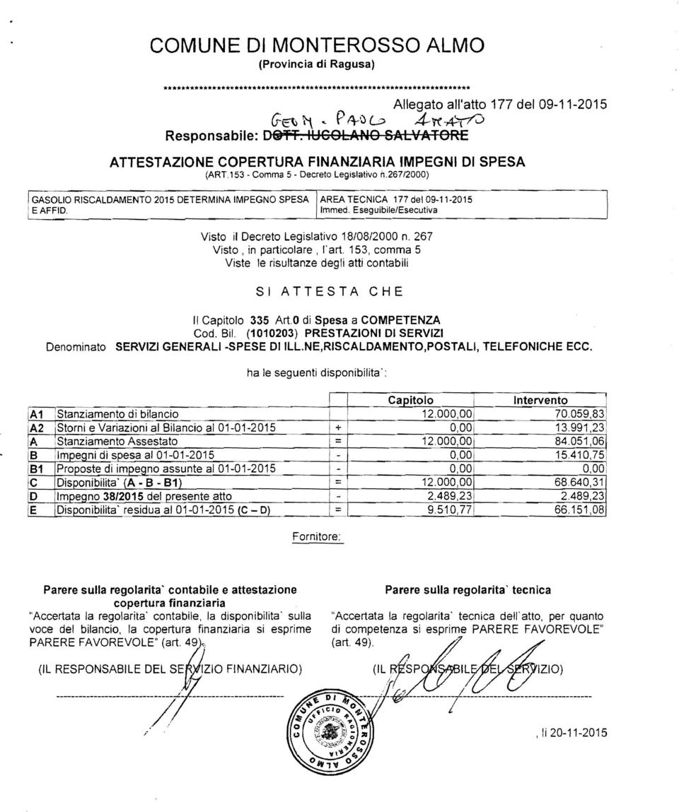 267/2000) GASOLIO RISCALDAMENTO 2015 DETERMINA IMPEGNO SPESA AREA TECNICA 177 del 09-11-2015 ~ I E AFFID. Immed. Eseguibìle_/E_s_ec_u_tiv_a --.JI Visto il Decreto Legislativo 18/08/2000 n.