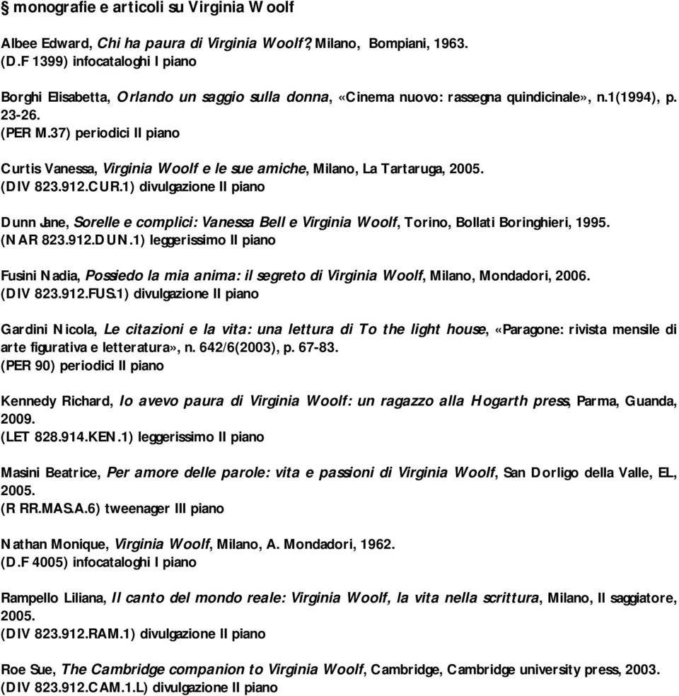 37) periodici II piano Curtis Vanessa, Virginia Woolf e le sue amiche, Milano, La Tartaruga, 2005. (DIV 823.912.CUR.