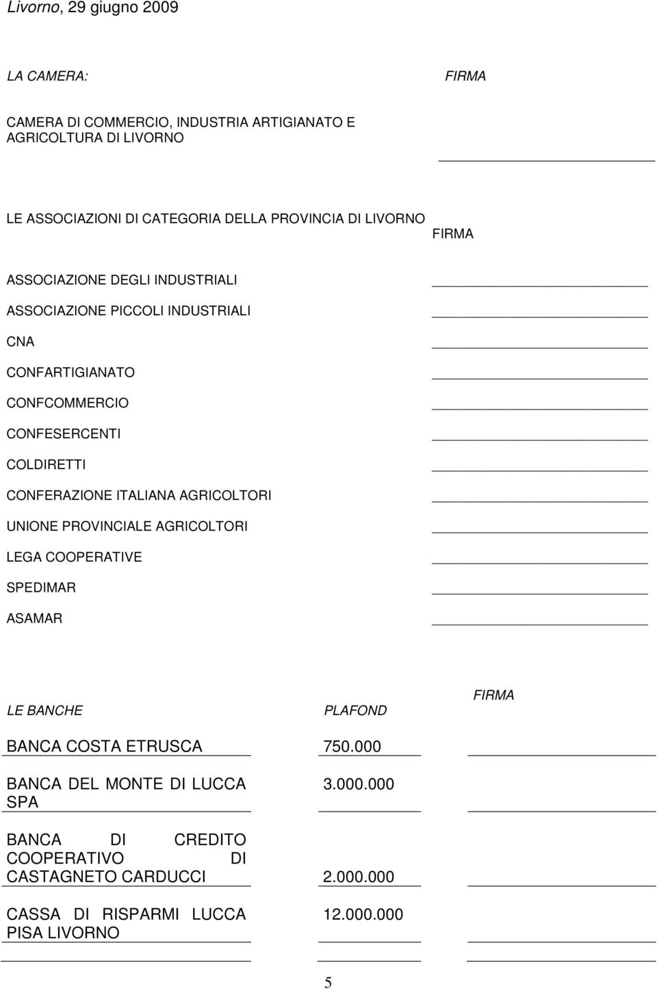 COLDIRETTI CONFERAZIONE ITALIANA AGRICOLTORI UNIONE PROVINCIALE AGRICOLTORI LEGA COOPERATIVE SPEDIMAR ASAMAR LE BANCHE PLAFOND FIRMA BANCA COSTA