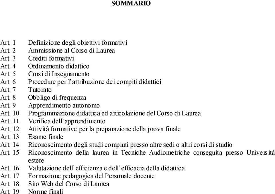 Obbligo di frequenza Apprendimento autonomo Programmazione didattica ed articolazione del Corso di Laurea Verifica dell apprendimento Attività formative per la preparazione della prova finale Esame