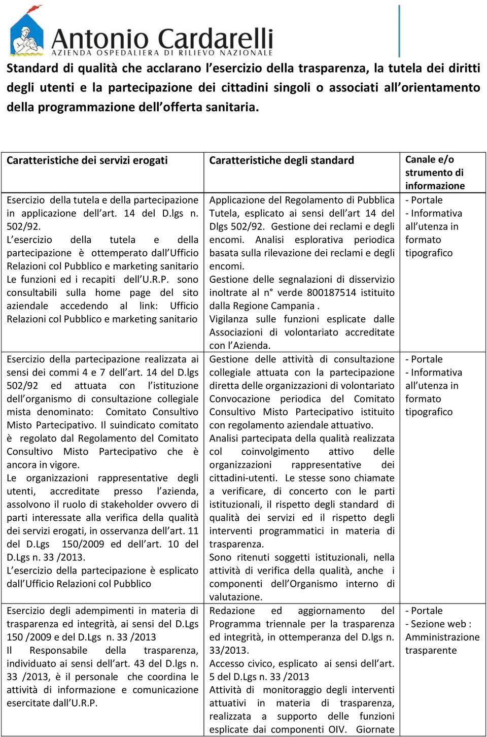 502/92. L esercizio della tutela e della partecipazione è ottemperato dall Ufficio Relazioni col Pu